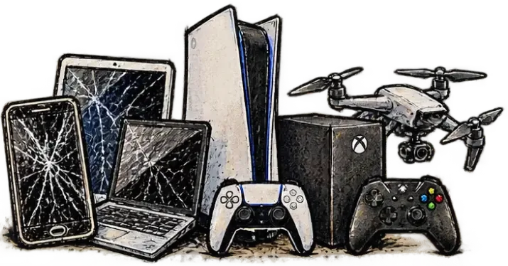 Cracked phones, a tablet, a laptop, game consoles, controllers and a drone waiting for repair